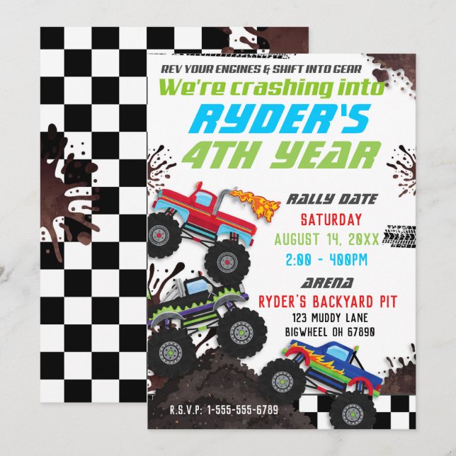 Boys Monster Truck Birthday Party Invitations (Devant / Derrière)