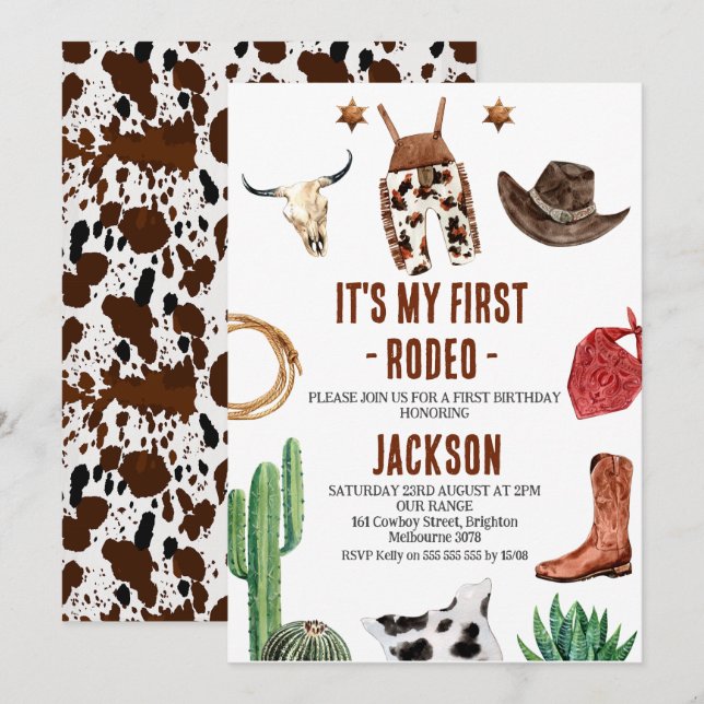Boys My First Rodeo Cowboy 1st Birthday Invitation (Devant / Derrière)