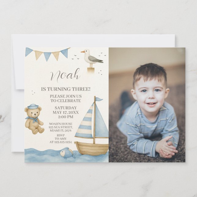 Boys Nautical Birthday Invitation avec photo (Devant)