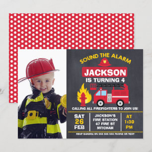 Boys Photo Fire Engine Anniversaire Invitation