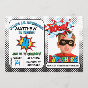 Boys Photo Superhero 4th Birthday Invitation