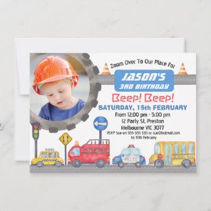 Boys Photo Transport Anniversaire Fête Invitation