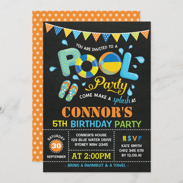 Boys Pool Party Anniversaire Chalkboard Invitation (Devant / Derrière)