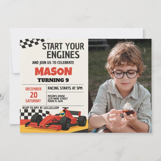 Boys Race Car Anniversaire Invitation avec photo (Devant)