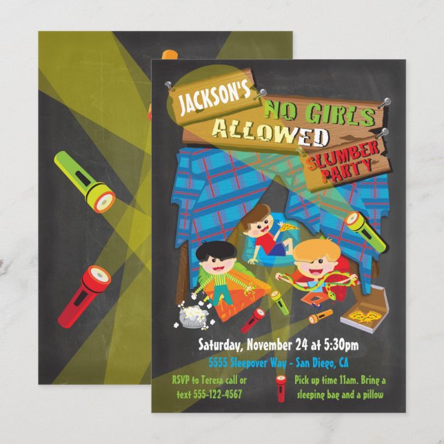 Boys Sleepover Invitations de la partie de bois (Devant / Derrière)