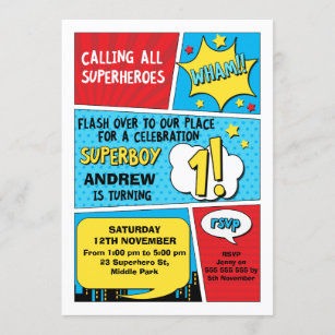 Boys Superhero 1er anniversaire Invitation