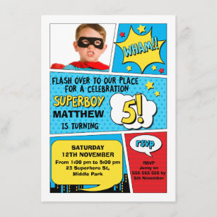 Boys Superhero Photo 5e anniversaire Invitation