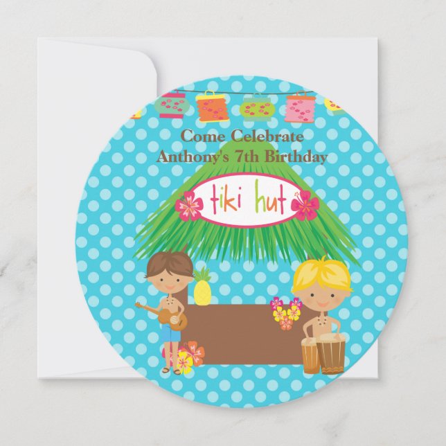 Boys Tiki Hut Round Luau Invitation Anniversaire (Devant)