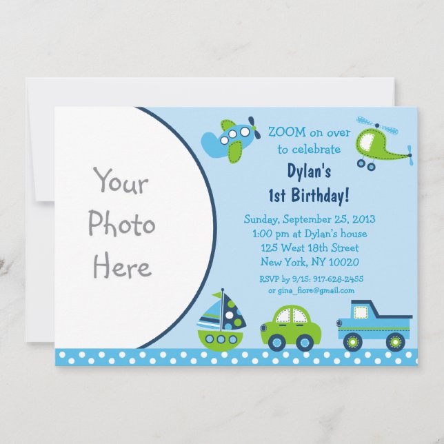Boys Transportation Photo Invitations d'anniversai (Devant)