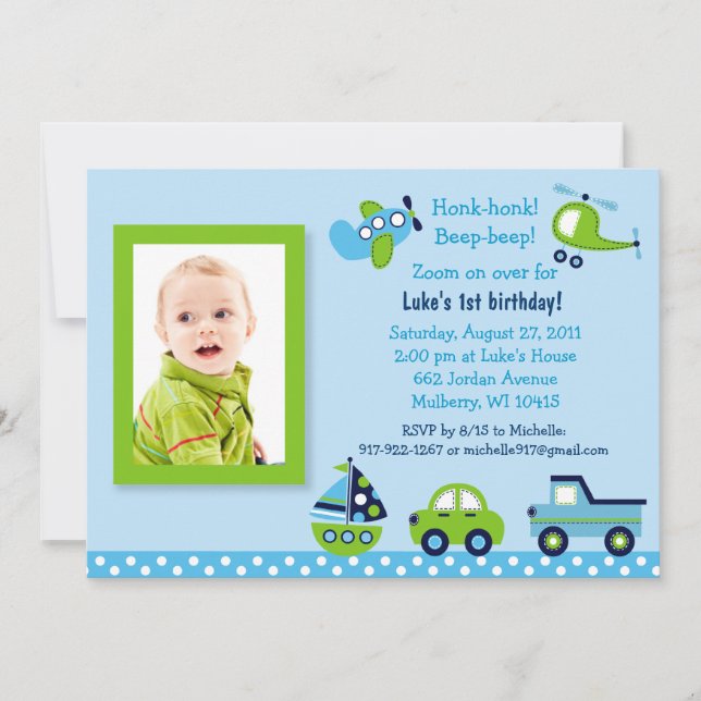 Boys Transportation Photo Invitations d'anniversai (Devant)