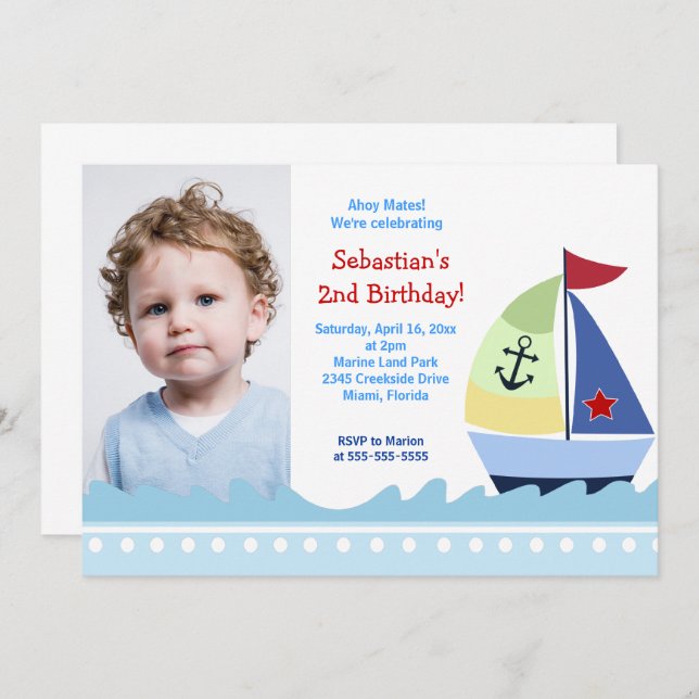 Boys voiliers Photo Anniversaire Invitation Modèle (Devant / Derrière)