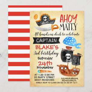 Boys Watercolor Ahoy Pirate Birthday Invitation