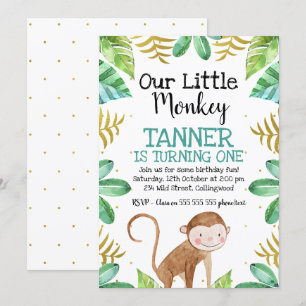 Boys Watercolor petit singe Invitation d'anniversa