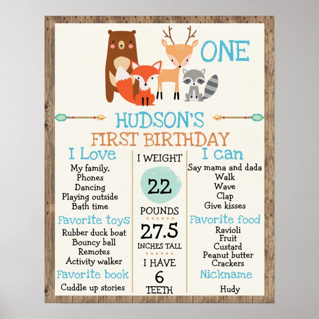Boys woodland 1er Anniversaire Milestone Poster (Devant)