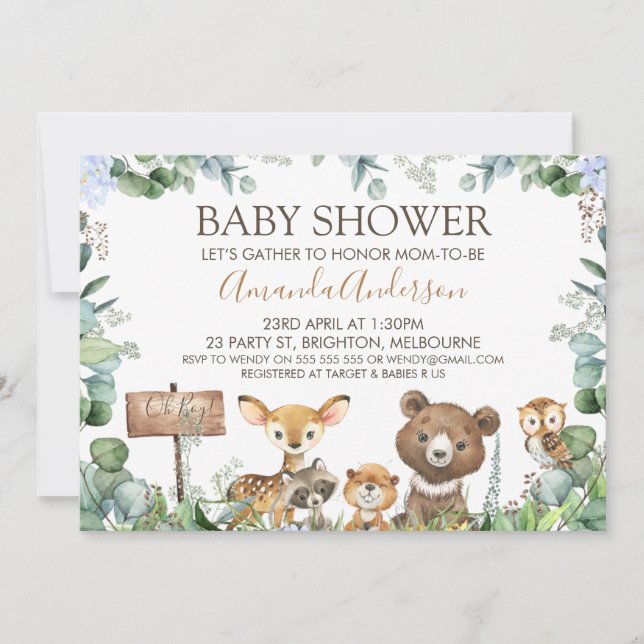 Boys Woodland Animaux Baby shower Invitation (Devant)