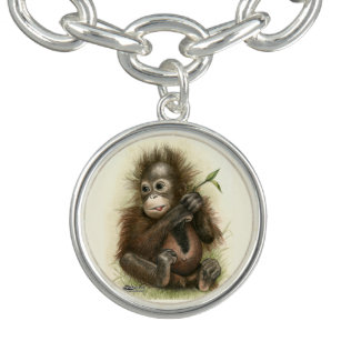Bracelet Avec Breloques Bébé d'orang-outan avec le feuille