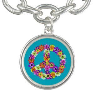 Bracelet Avec Breloques Panneau de paix Floral sur Turquoise