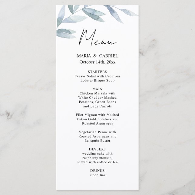 Branche aquarelle moderne. Carte de menu Mariage A (Devant)