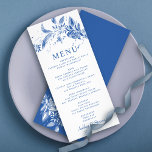 Branche avec élégante carte de menu mariage fleurs<br><div class="desc">Cette belle carte à la carte met en valeur un décor floral bleu et blanc. Son aspect délicat et raffiné est parfait pour votre grand jour. De plus, le même bel étalage de fleurs est présenté dans une teinte blanche contre un arrière - plan bleu vif, élevant encore plus son...</div>
