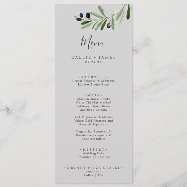 Branche d'olive moderne | Menu Dîner Mariage gris (Devant)