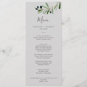 Branche d'olive moderne   Menu Dîner Mariage gris