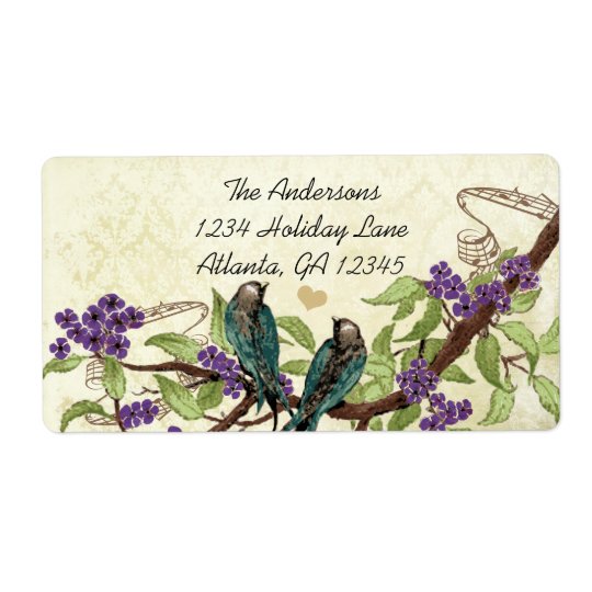 Branche fleurissante pourpre d'oiseau turquoise étiquette d'expédition