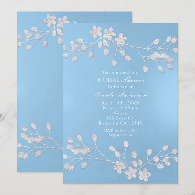 Branche Florale Bleue Douche nuptiale Invitations (Devant / Derrière)