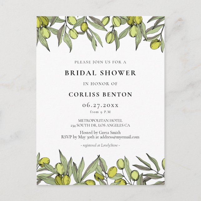 Branche Olive moderne Invitation de douche nuptial (Devant)