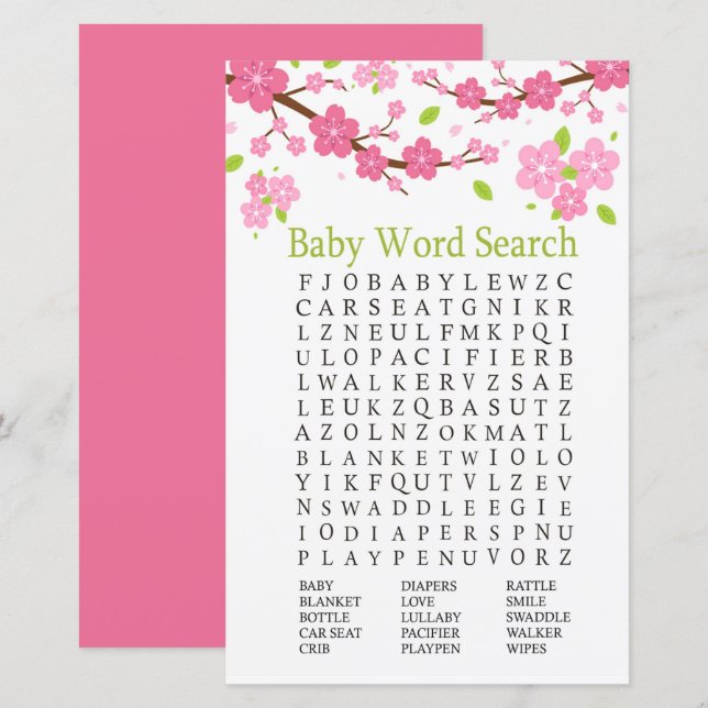 Branche Sakura Baby shower Word Search Jeu (Devant / Derrière)