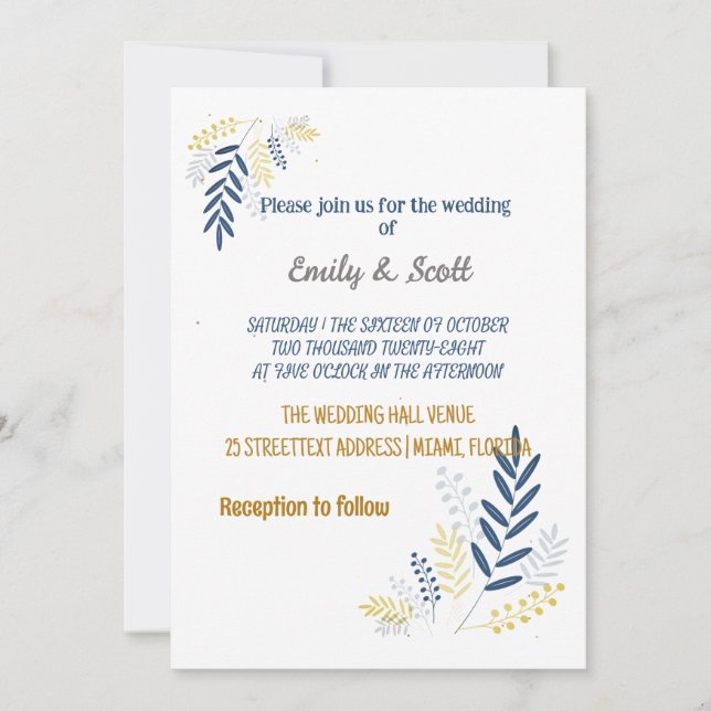 Branches bleu or Invitations de mariage (Devant)