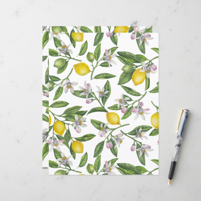 Branches de citron avec fleurs et fruits sur blanc (Devant/Arrière en situation)