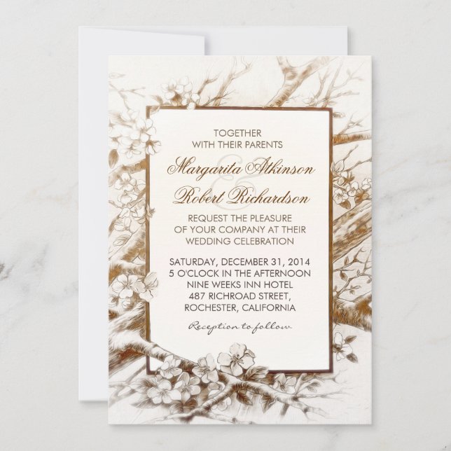 branches fleurie rustique invitations mariage blan (Devant)