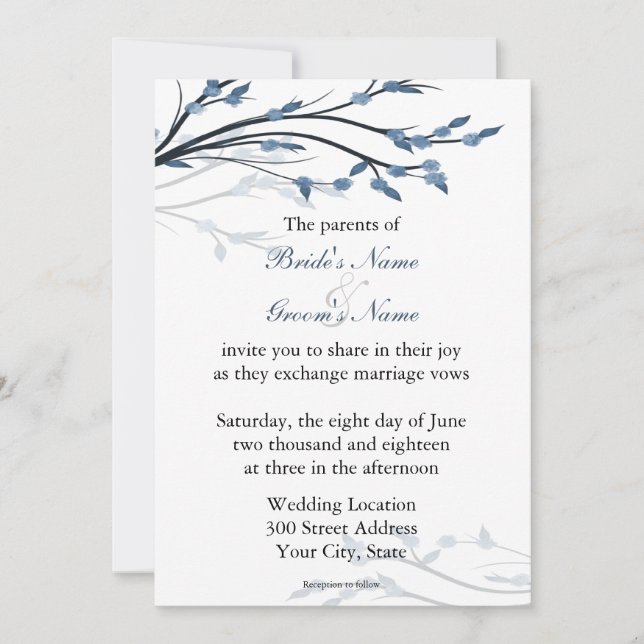 Branches Florales Bleues Invitations de mariage (Devant)