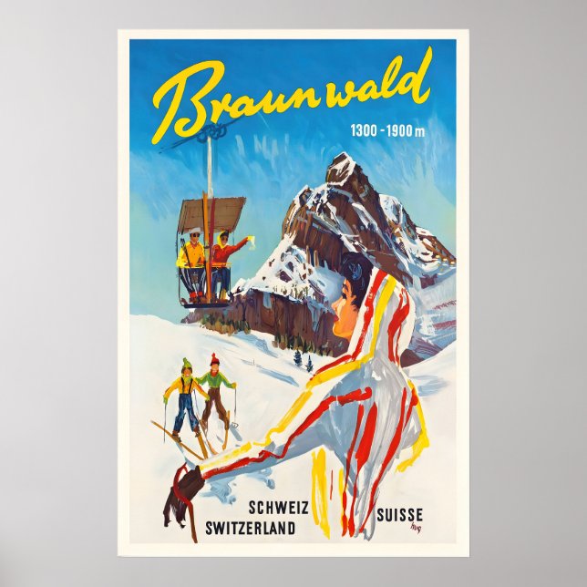 Braunwald Suisse Affiche de ski vintage - Encadrée (Devant)