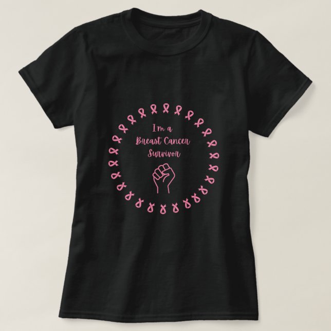 Breast Cancer Survivor Pink Fist Black T-Shirt (Design devant)
