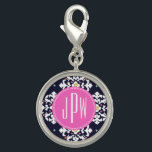 Breloque Monogramme Ikat et rose<br><div class="desc">Un cadeau qui peut être personnalisé avec votre monogramme dans le cercle rose au centre. Arrière - plan est bleu marine et blanc motif ikat.</div>