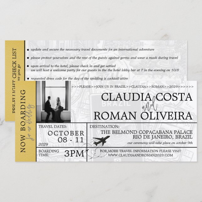 Brésil Mariage Jaune Boarding Pass Invitation (Devant / Derrière)