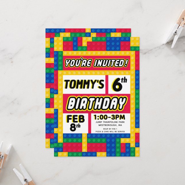 Brick Builder Customizable Birthday Invitation (Devant/Arrière en situation)