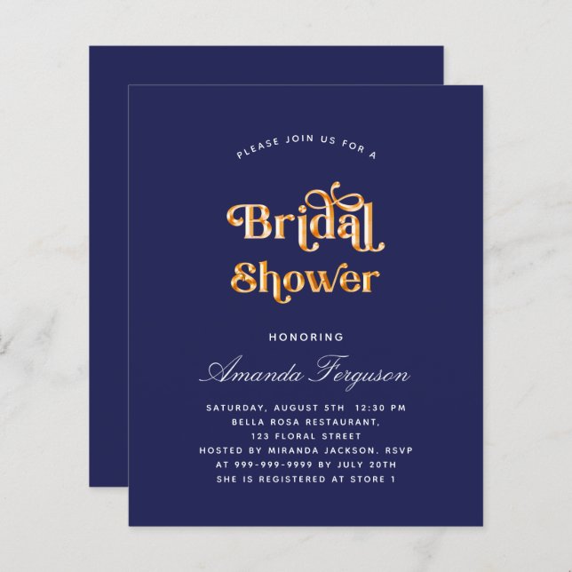 Bridal douche marine bleu or budget invitation (Devant / Derrière)