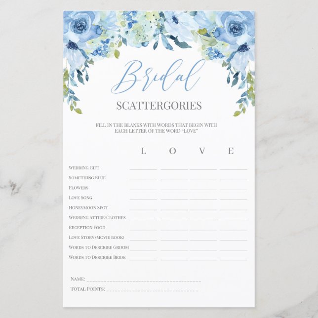 Bridal floral bleu Scattergories jeu modifiable (Devant)