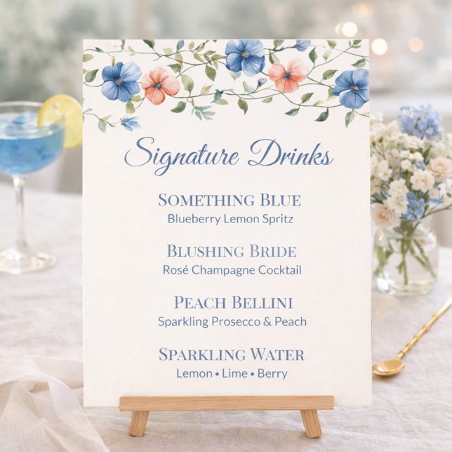 Bridal Shower Dusty Blue Floral Drink Menu (Créateur téléchargé)