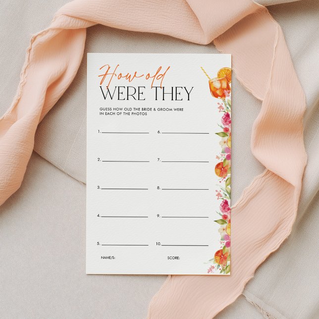 Bridal Shower Game How Old Were They First Spritz (How Old Were They? Love at First Spritz Bridal Shower | Pink Orange Floral Citrus)