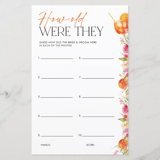 Bridal Shower Game How Old Were They First Spritz (Devant)