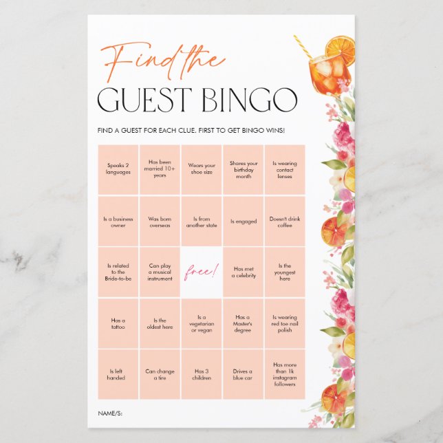 Bridal Shower Games Guest Bingo Citrus Spritz (Devant)