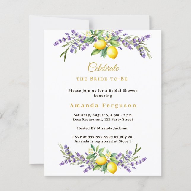 Bridal Shower lavender florals lemons invitation (Devant)