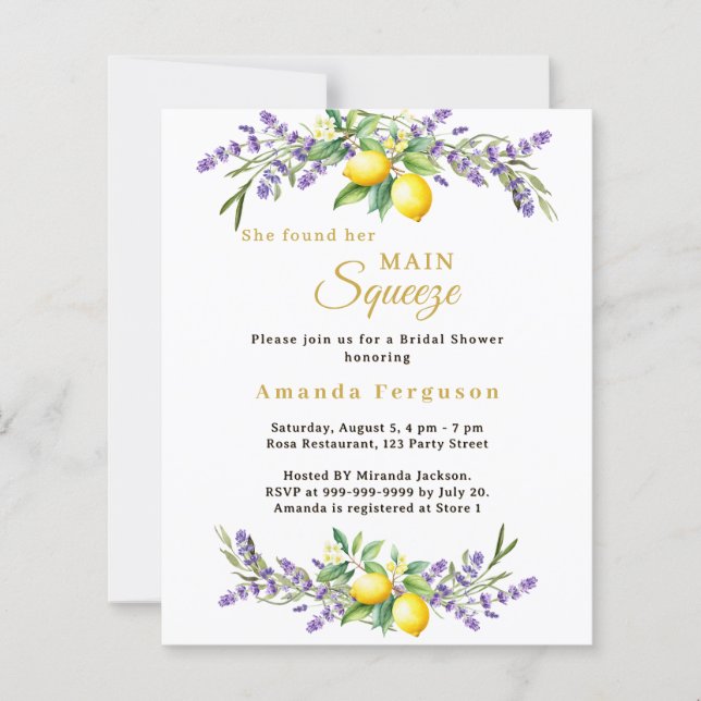 Bridal Shower lavender lemons squeeze invitation (Devant)