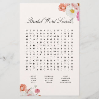 Bridal Shower Word Search Floral Game Card