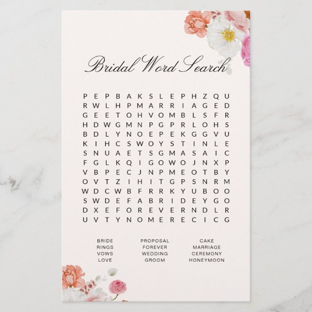 Bridal Shower Word Search Floral Game Card (Devant)