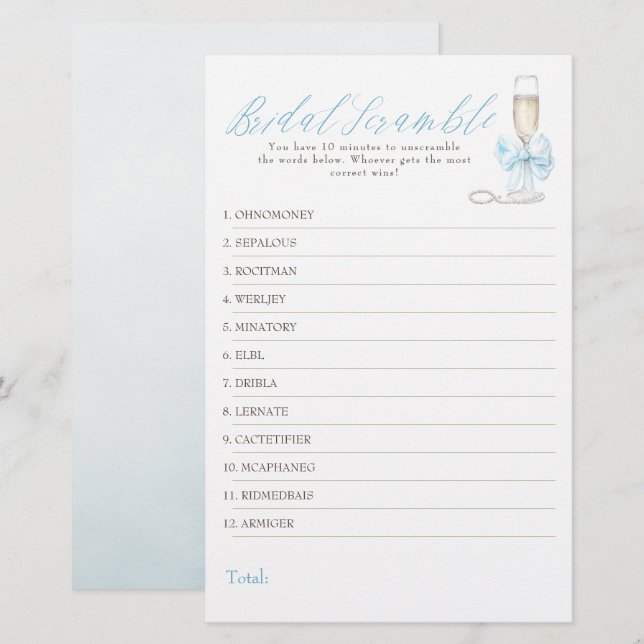 Bridal Word Scramble Fun Bridal Shower Game Card (Devant / Derrière)