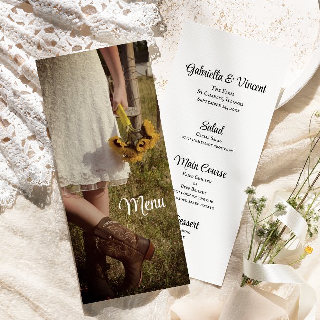Bride, Bottes Cowboy, Menu Mariage Sunflowers Ranc (Créateur téléchargé)